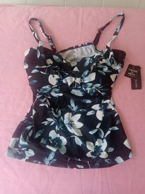 ISLAND Escape TANKINI Black Floral with Aqua & White Print SIZE 14